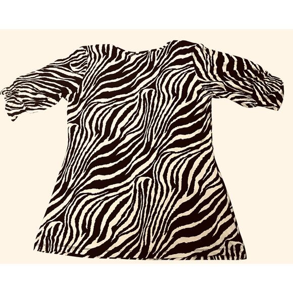 J.T.B. SHORT SLV PULL-OVER RND NECK FRINGE BLOUSE, WOMENS, L, BLACK & TAN ANIMAL - Picture 5 of 9